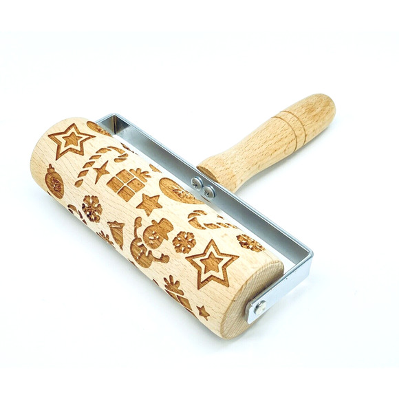 Christmas Wooden Rolling Pin Engraved Embossed Christmas Designs cookie baking - Picture 1 of 6
